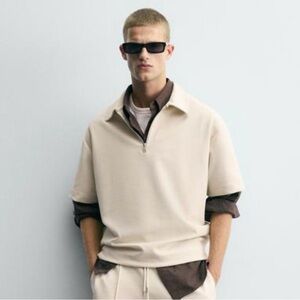 Zara Men's Beige Half-Zip Polo
